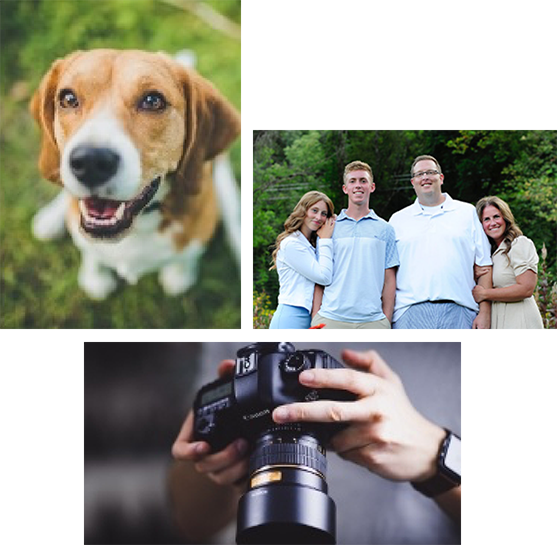 Collage featuring Doctor Hooks with her family a beagle and a camera